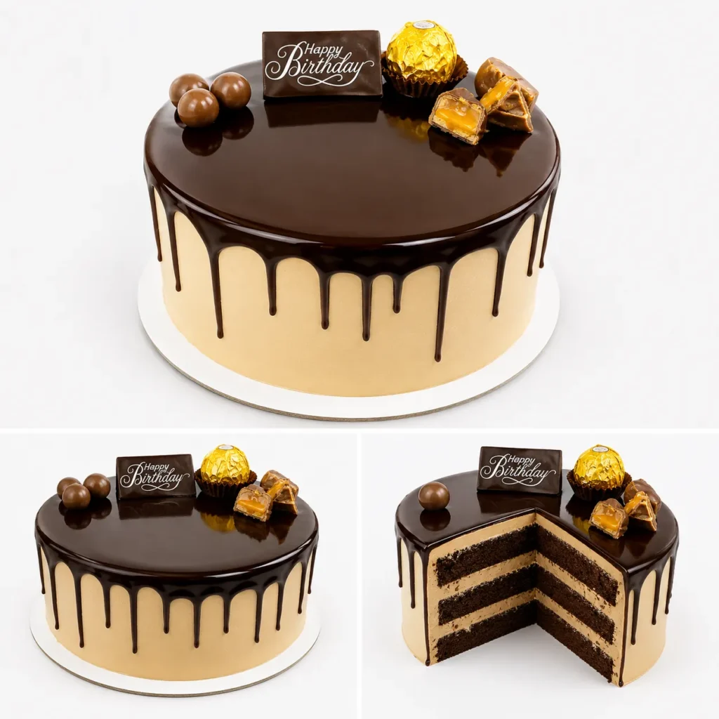 3 layers Midi chocolate sponge layered & Iced with Chocolate cream and choc drip.