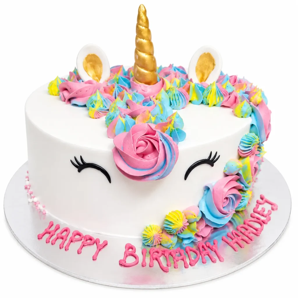 Whimsical unicorn birthday cake design